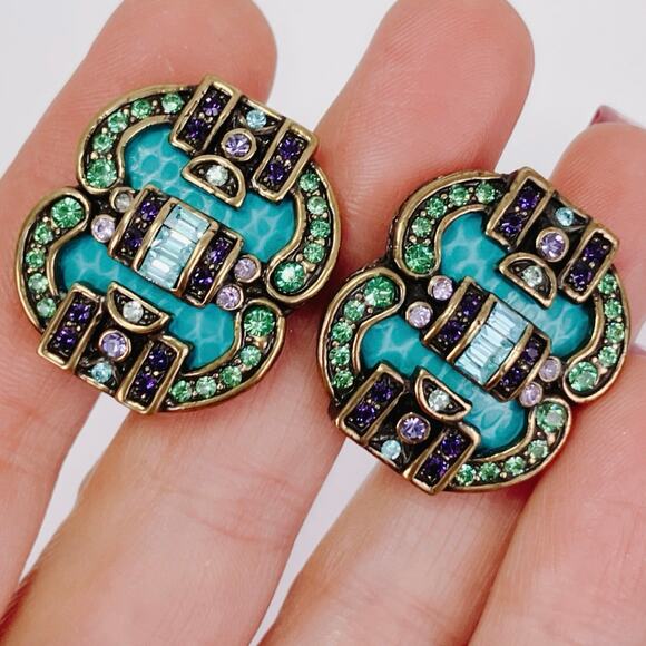 VTG Signed Heidi Daus Art Deco Revival Rhinestone Blue Clip Earrings Collectible - Picture 5 of 10